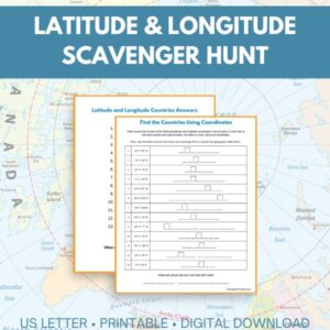 Graphic of a latitude and longitude scavenger hunt pdf and the answer key