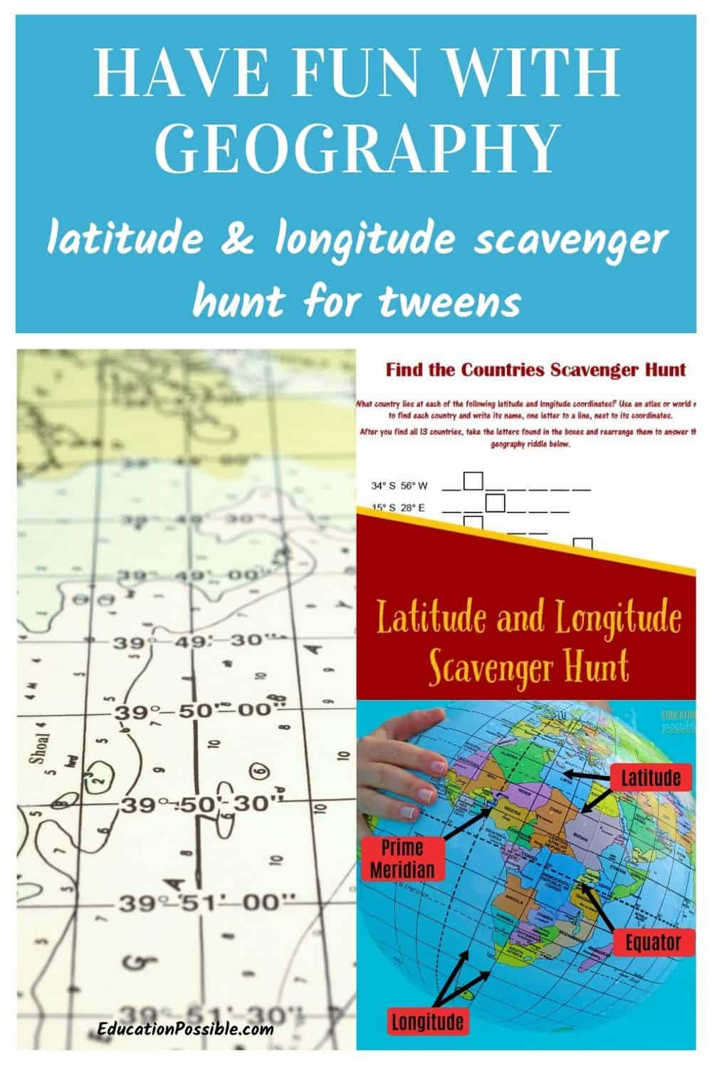 Three images for teaching kids latitude and longitude. Map coordinates, a map beach ball, and a scavenger hunt