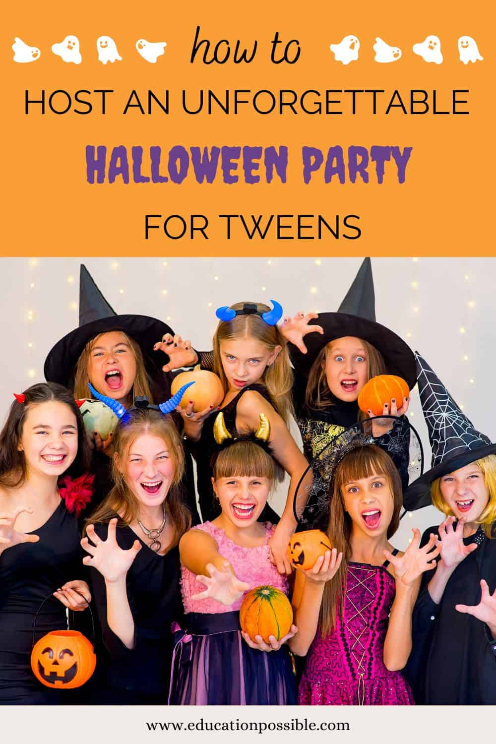 Group of tween girls dressed up for a Halloween party