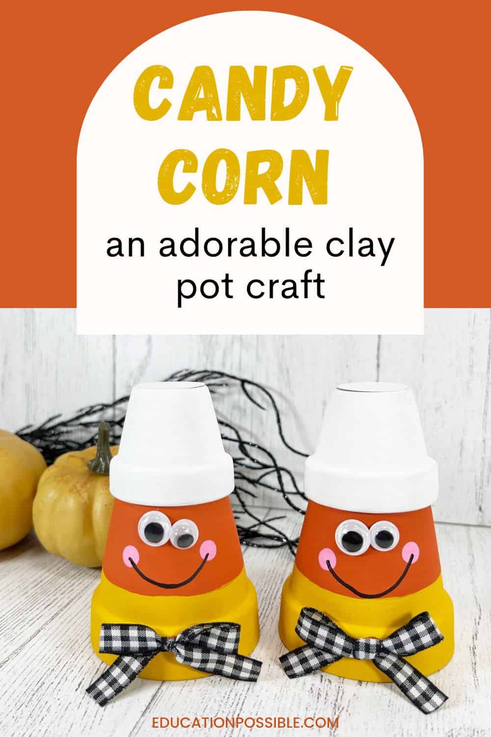Craft that used terracotta pots and painted them like candy corn. Added a cute face with googly eyes.