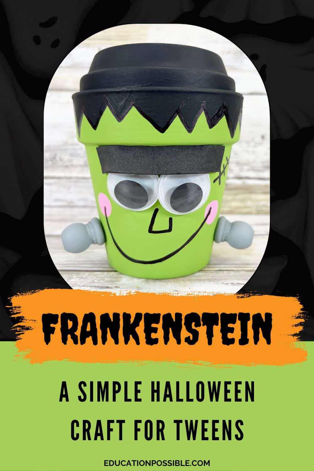 Finished DIY craft - clay pot painted like Frankenstein