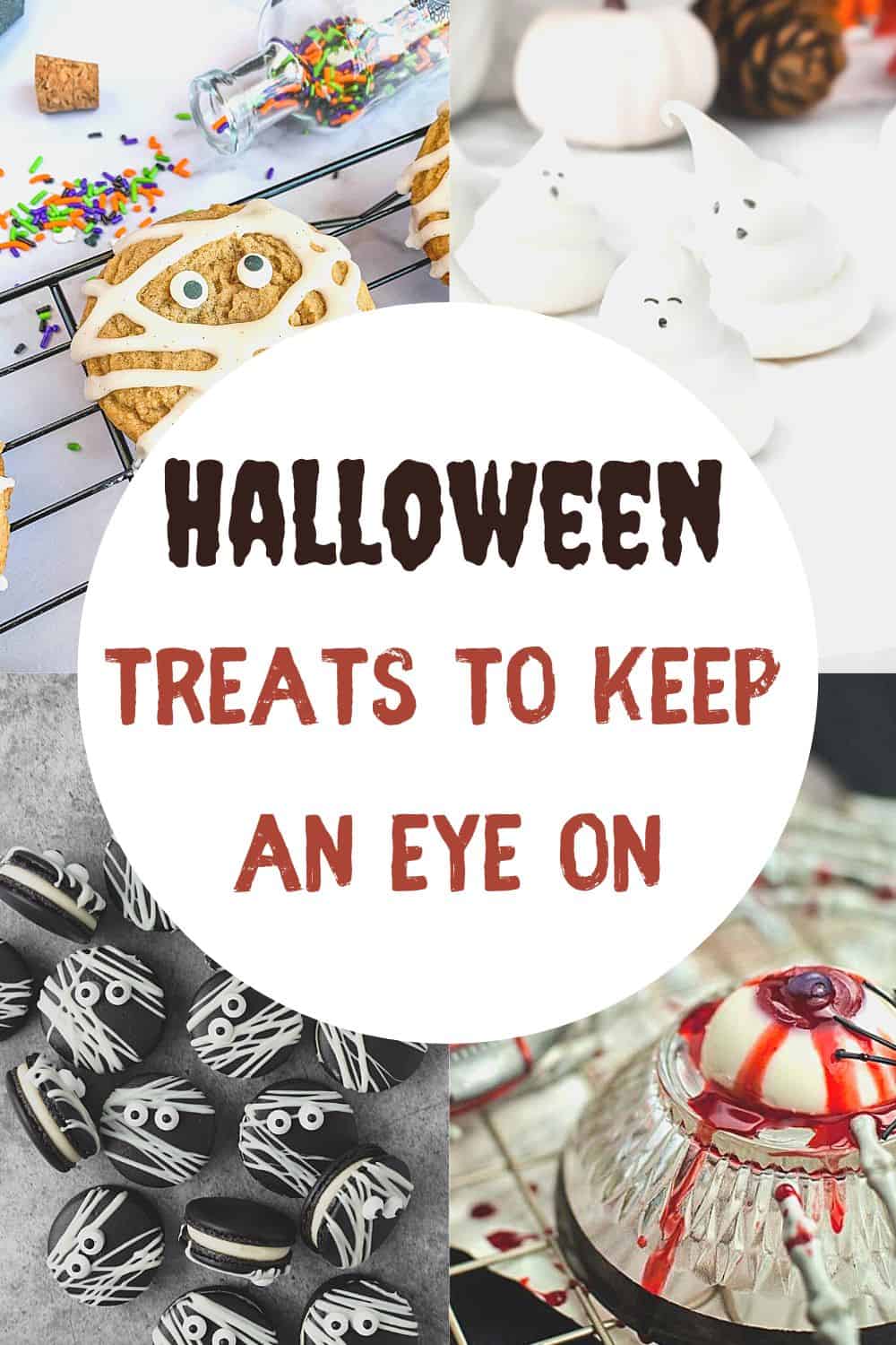 Collage of 4 images - Halloween-themed baked goods with edible eyes