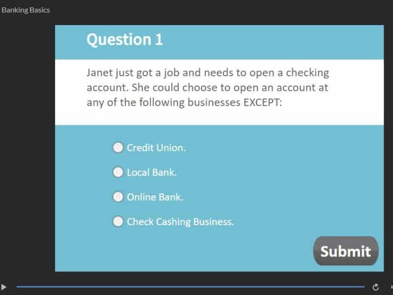 An online quiz for a banking basics section of an online life skills curriculum