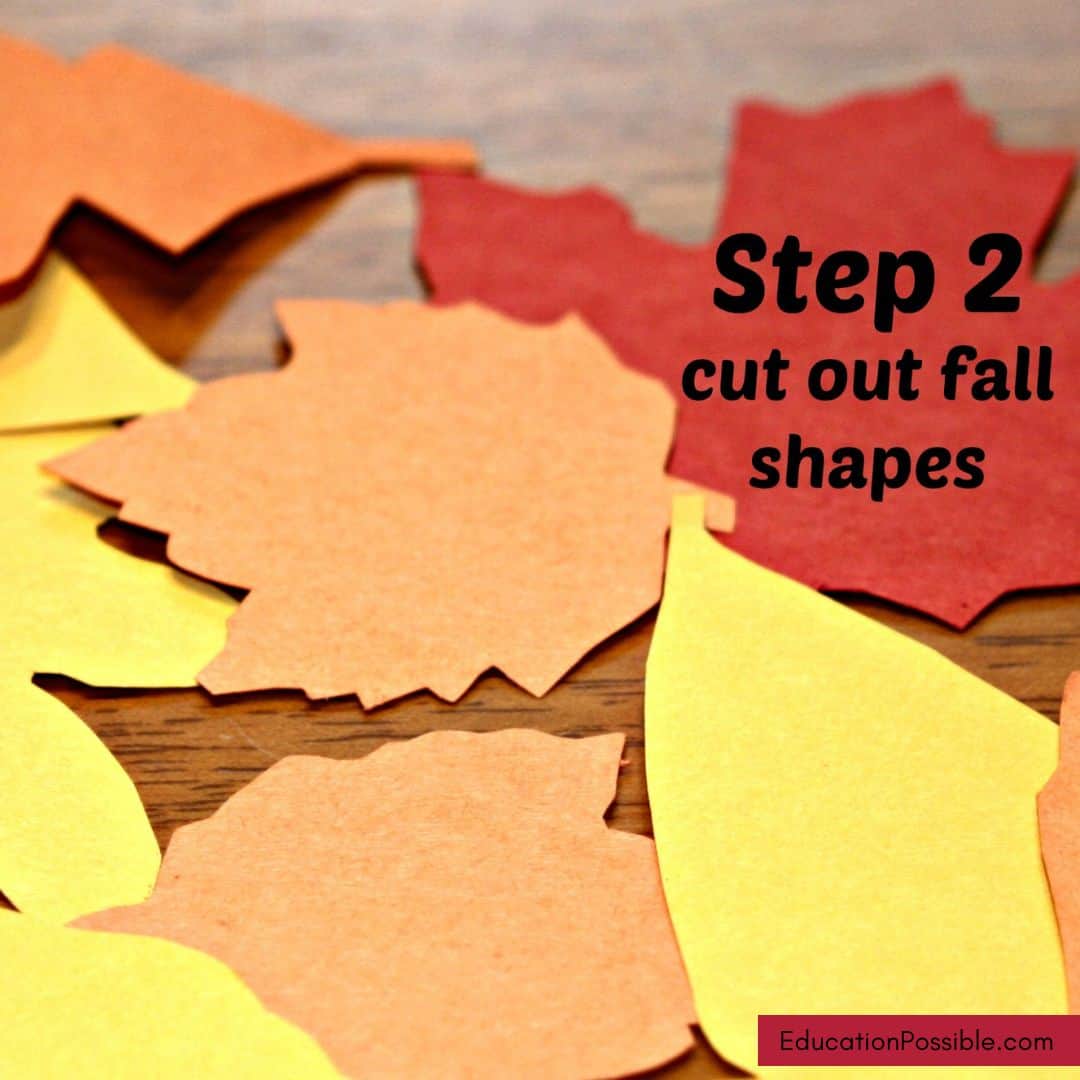 Different leaf shapes cut out of construction paper on a table.