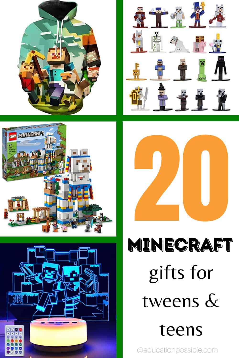 a collage of 4 Minecraft gifts for older kids