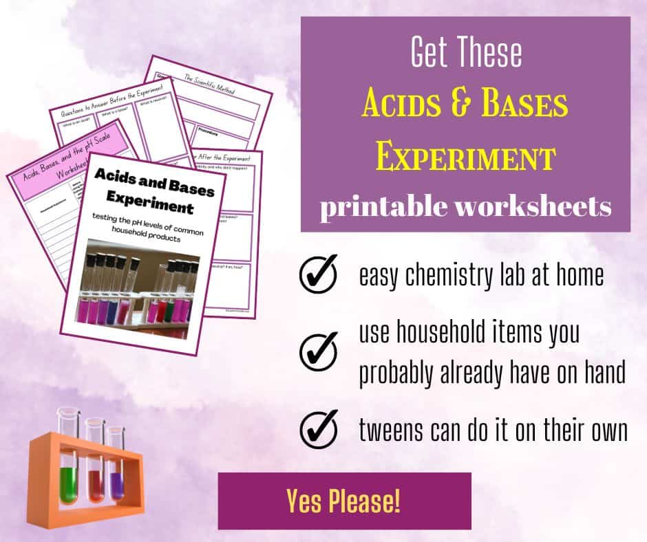 Opt-in box for an acid & bases experiment printable. Downloadable worksheets to complete the lab at home.