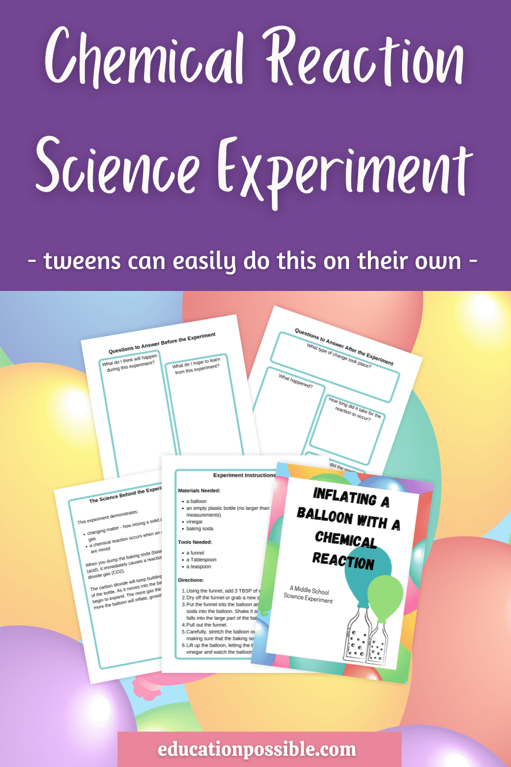 Image for a 5 page printable for an experiment inflating a balloon with baking soda and vinegar.