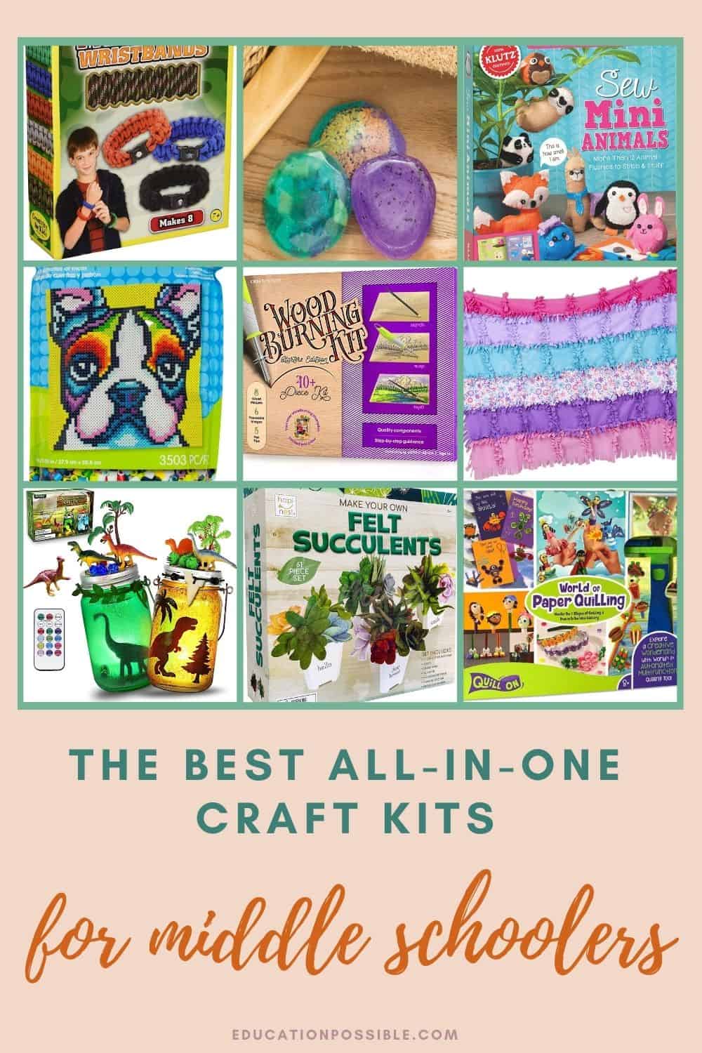 9 images in a grid of craft kits for tweens and teens.