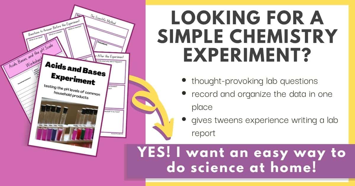 Opt-in box for Chemistry experiment worksheets for middle school homeschoolers. pH scale lab.