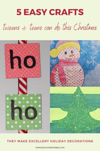 Collage of three homemade Christmas crafts. Mixed media snowman, glitter canvas tree, and ho-ho-ho wall hanging