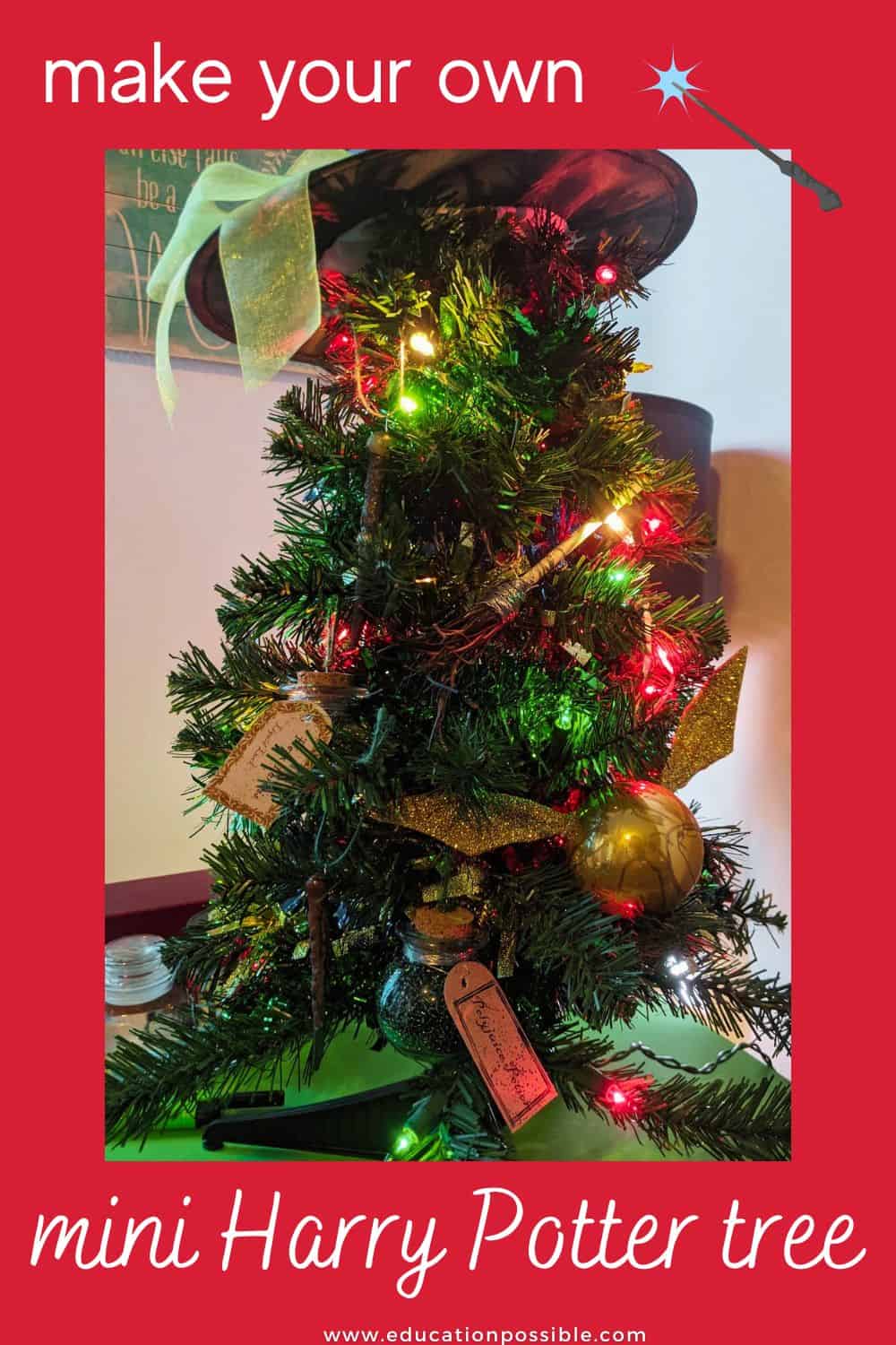 A table top Christmas tree decorated with homemade Harry Potter ornaments