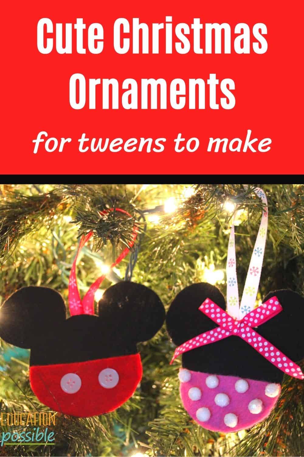 Mickey and Minnie Mouse felt silhouette ornaments hanging on a tree.