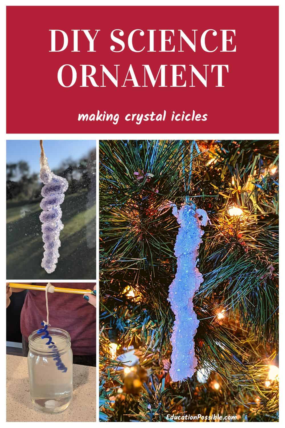 Making crystal icicle ornaments with borax. Hanging on Christmas tree.
