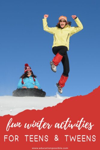 2 teens on a snowy hill. One jumping in the air, the other sliding down in a tube.