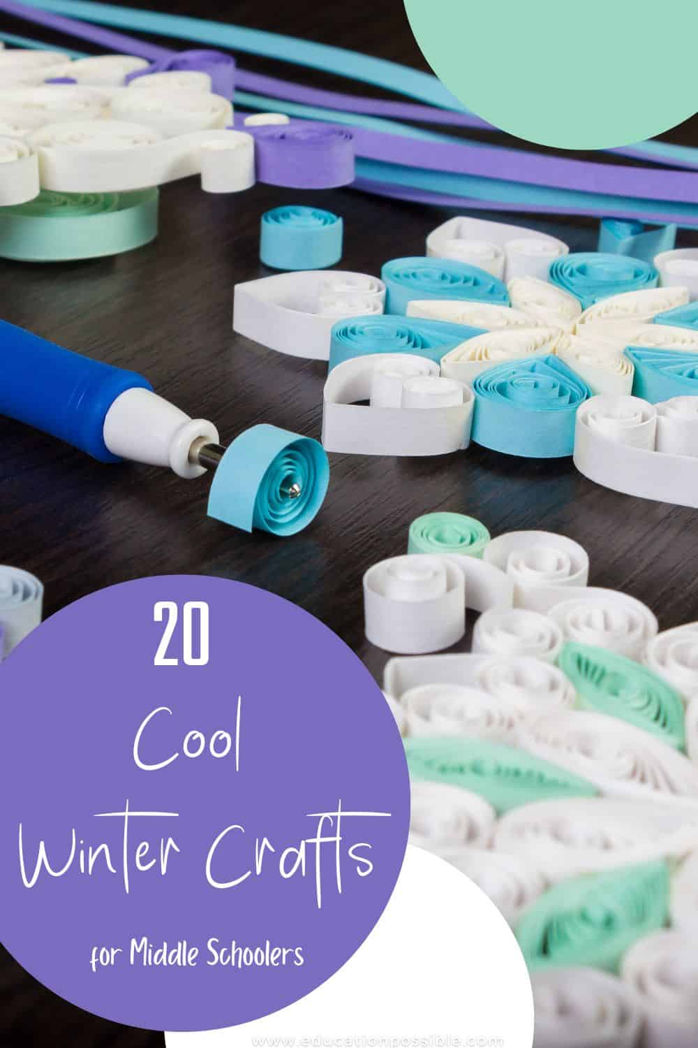 Blue and white, aqua and white, and purple and white quilled snowflakes lying on a table. Paper rolled around a quilling tool.