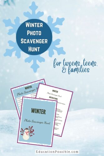 Snowy background, 3 printable pages for a winter photo scavenger hunt