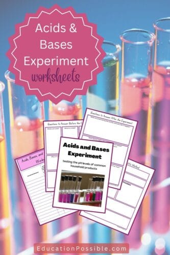 Test tubes filled with purple liquid in background. Front shows images of printable worksheets for an acid and base, pH scale experiment.