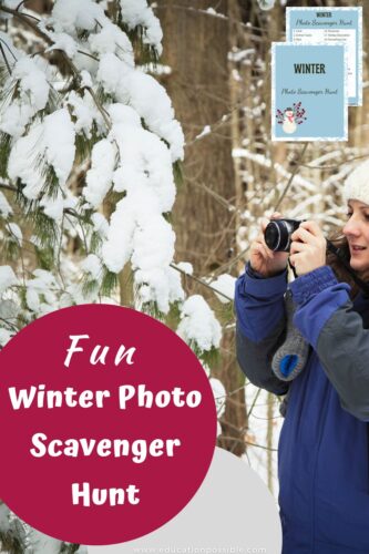 Girl in winter coat and hat, using a camera to take a picture of a tree with branches covered with snow.