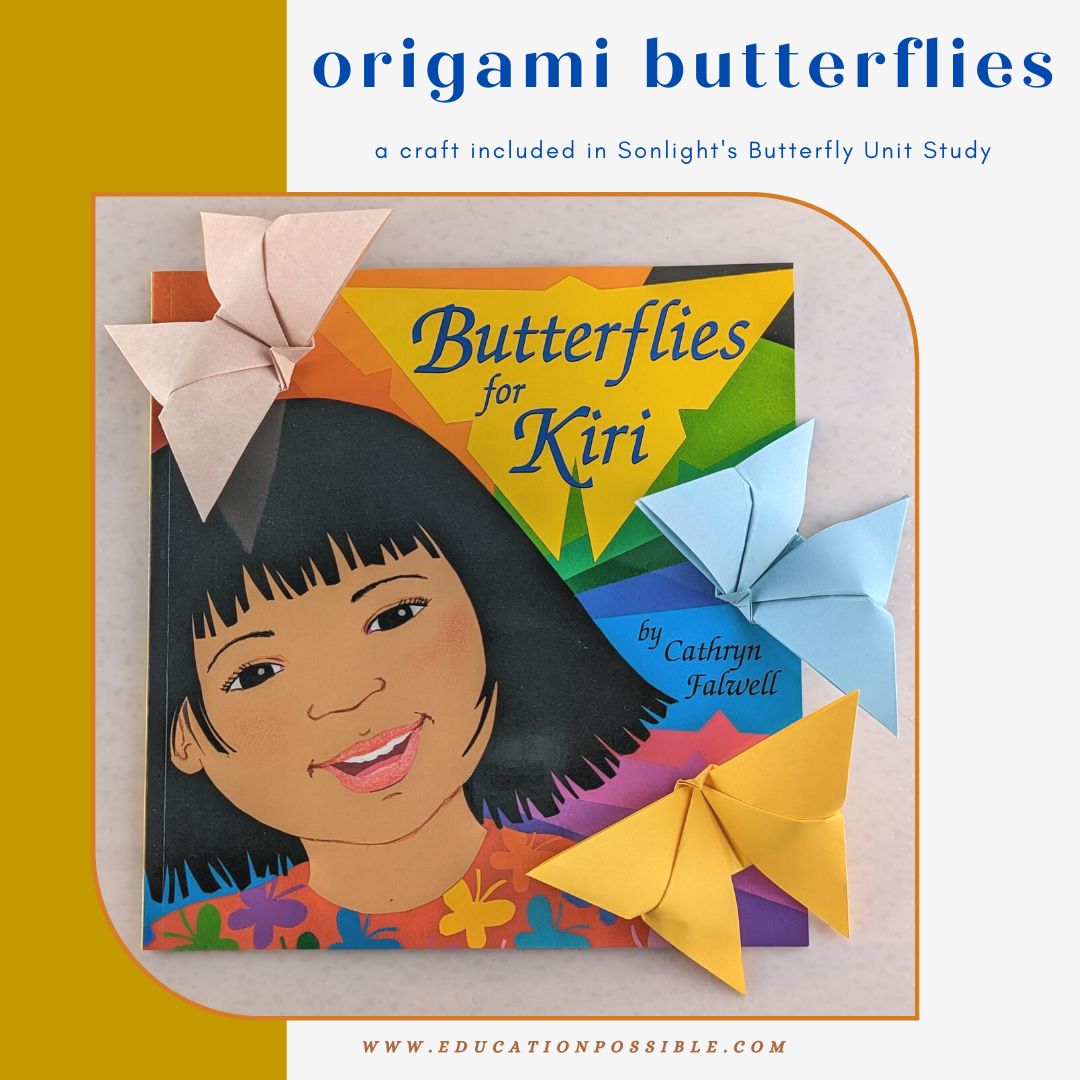 The book Butterflies for Kiri with three origami butterflies lying on top