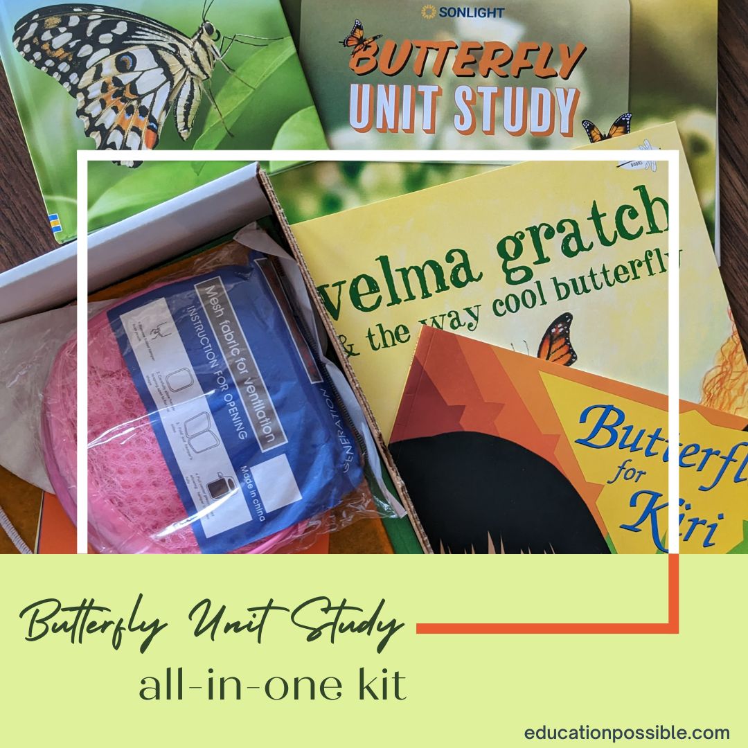 Everything included in Sonlight's butterfly unit study. Books and box of craft supplies.