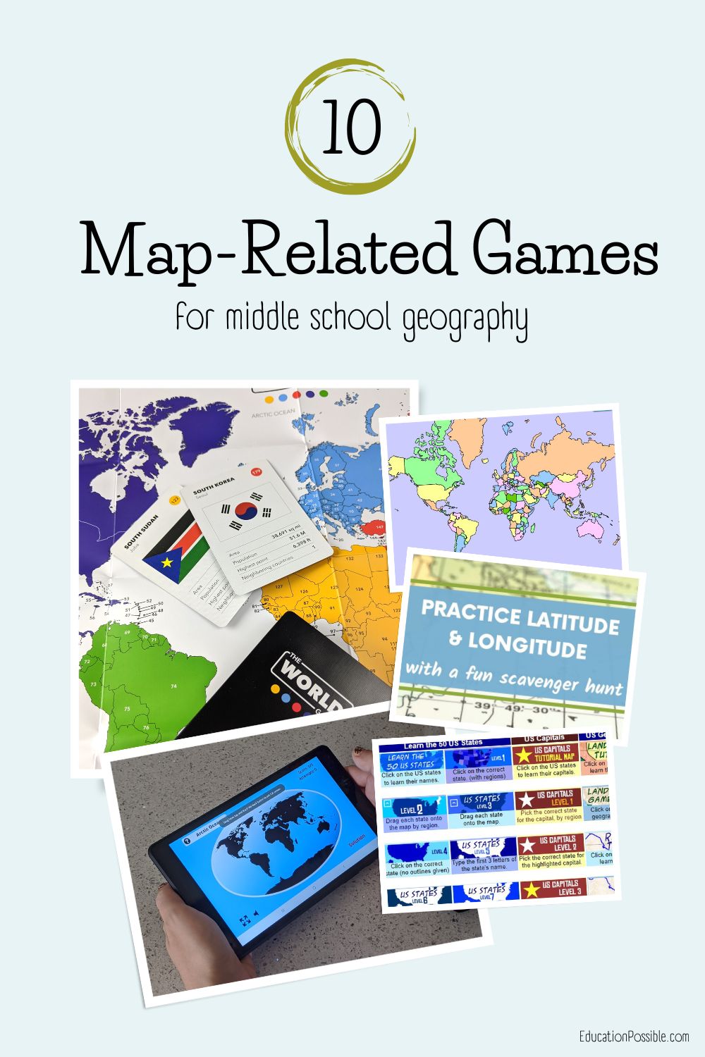 5 images of map-related games for teaching geography. Board game, online games, and a scavenger hunt.