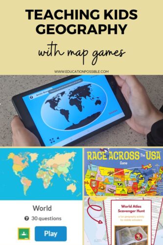 Collage of 4 images. Different geography games for kids that involve maps. Online games, board game, and scavenger hunt.