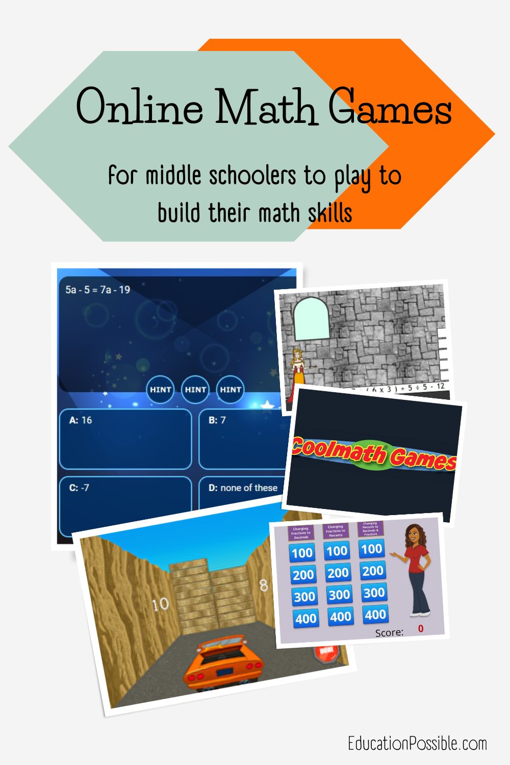 Screenshots of 5 online math games for middle schoolers.