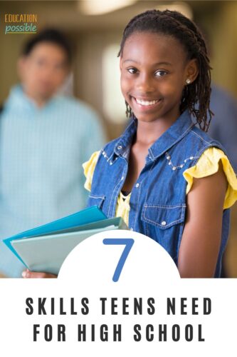 African American tween girl holding a school binder with boy faded in background, in school hallway.