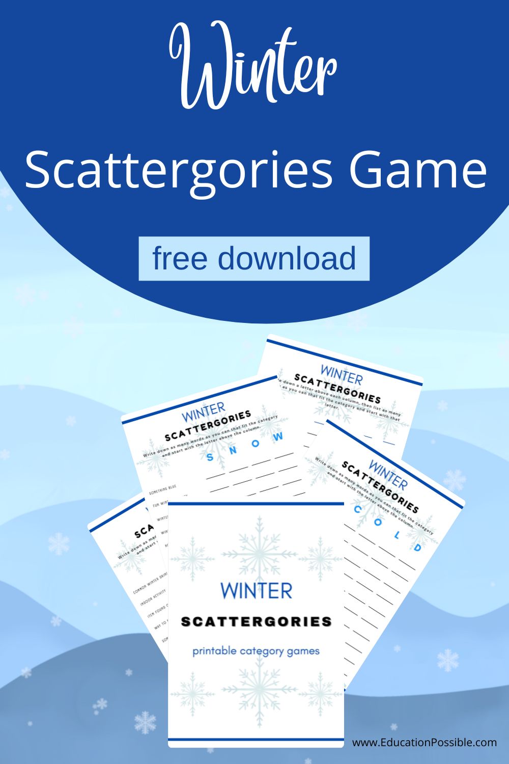 Printable Scattergories game sheets on top of a winter background