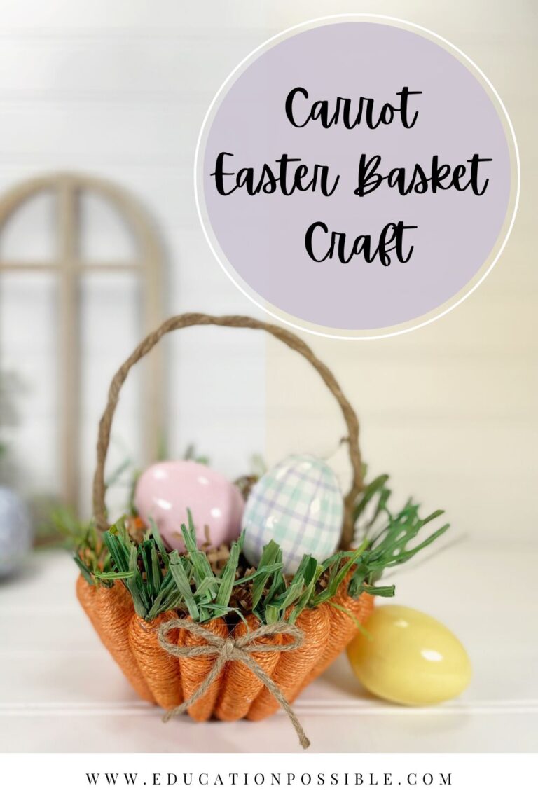 Easter basket craft sitting on white table with colorful plastic eggs inside and next to it.