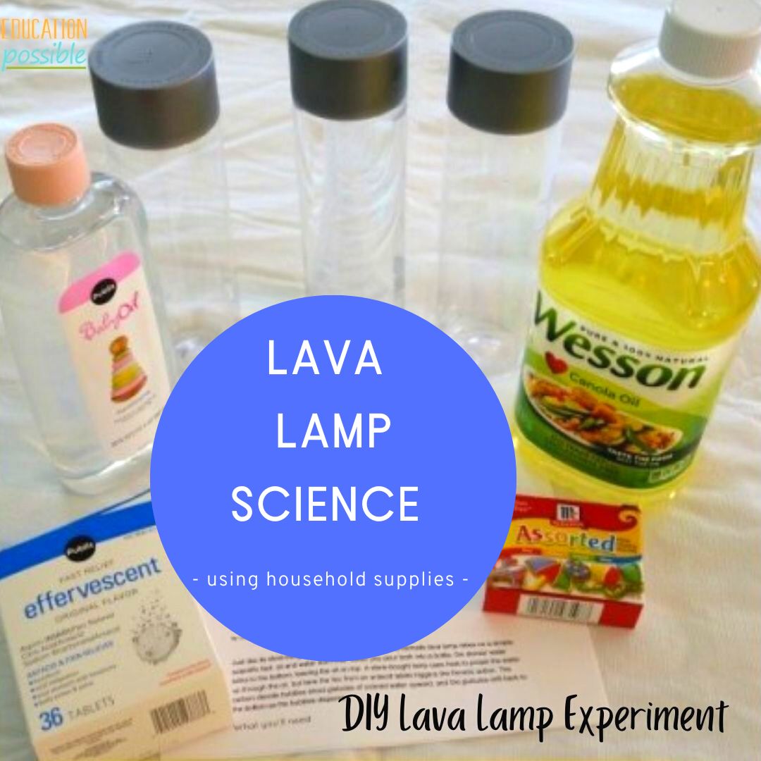 Household supplies used to make a lava lamp - empty bottles, vegetable and baby oil, effervescent tablets, and food coloring.