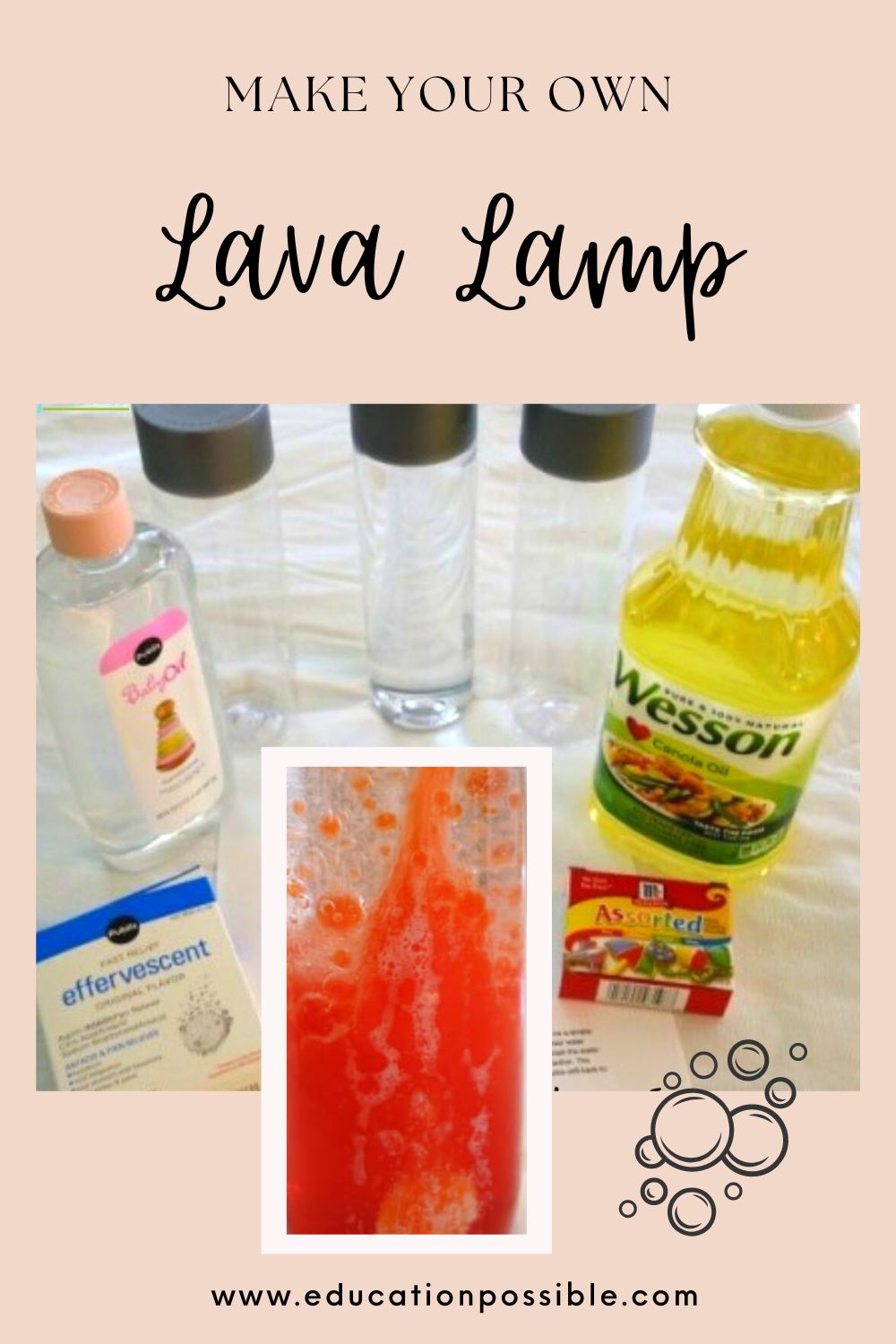 Household supplies used to make a lava lamp - empty bottles, vegetable and baby oil, effervescent tablets, and food coloring.