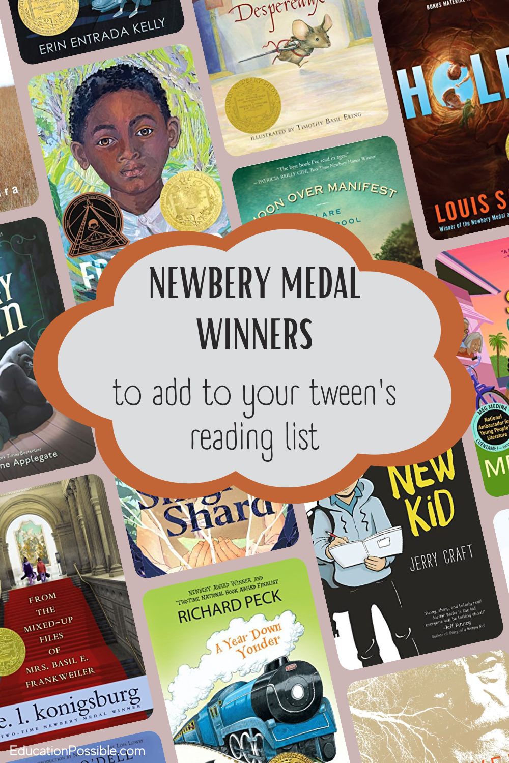 A collage of book covers - all Newbery Medal award winners.