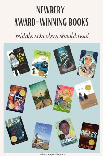 12 Newbery award-winning book covers in a collage.