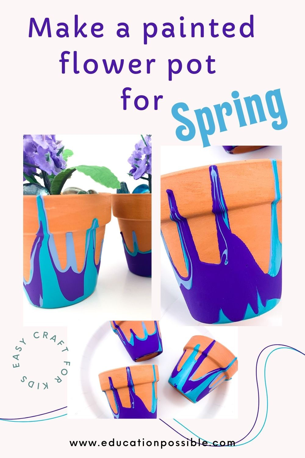 Collage of 3 images showing pour paint flower pots. Covered with purple and blue paint. DIY craft.
