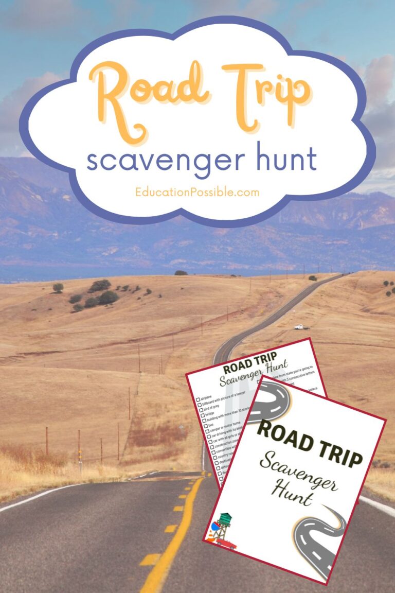 Road winding through dry grasslands leading toward mountains. Two images of a printable scavenger hunt on the image.