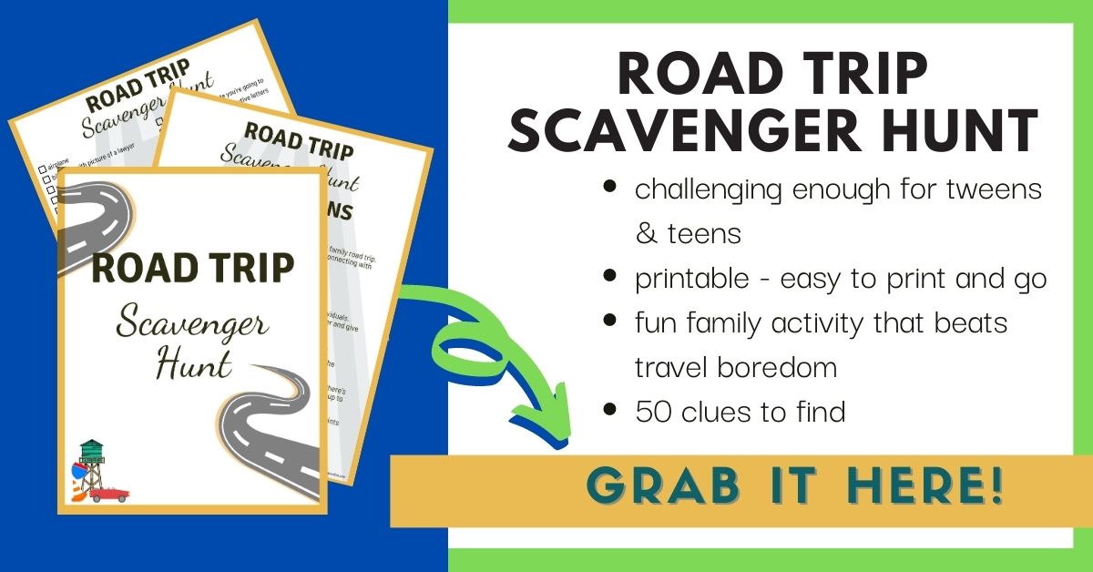 Opt in box for a road trip scavenger hunt printable. Shows 3 pages of the pdf and text about its benefits.