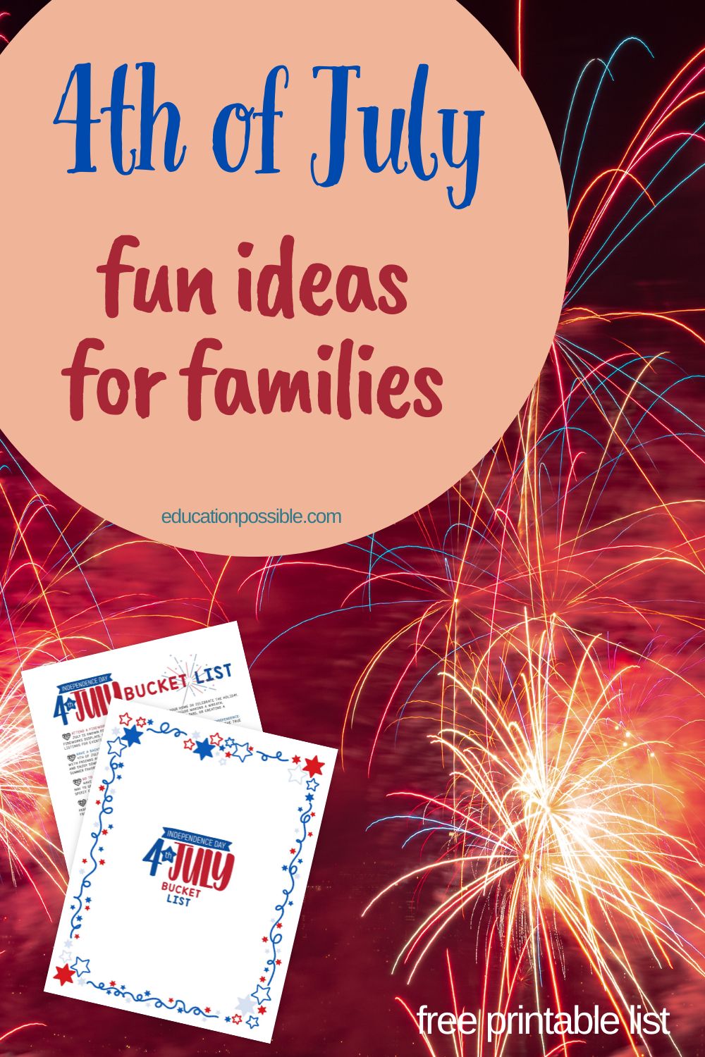 Fireworks image with picture of printable pdf pages in the bottom corner.