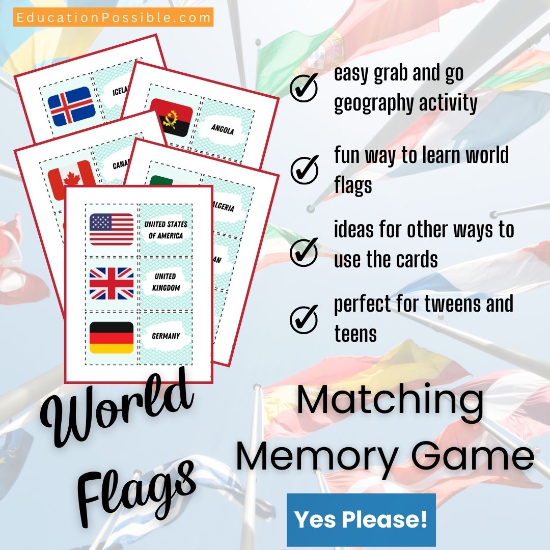 Opt-in box for a printable flags of the world memory game. Faded image of world flags on flagpoles in a circle.