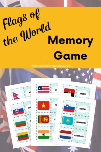 Faded world flags in the background. Pictures of sheets from a printable flags of the world matching game.