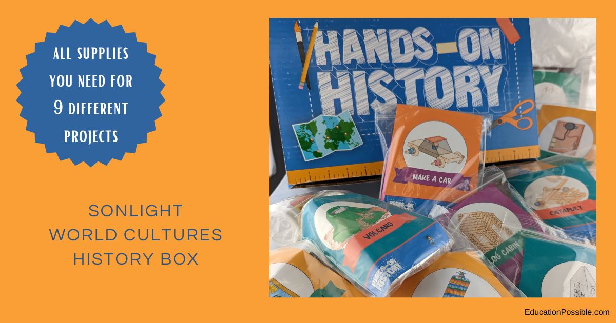Image of the 9 individual history projects laying on a table in front of a Hands-on History box.