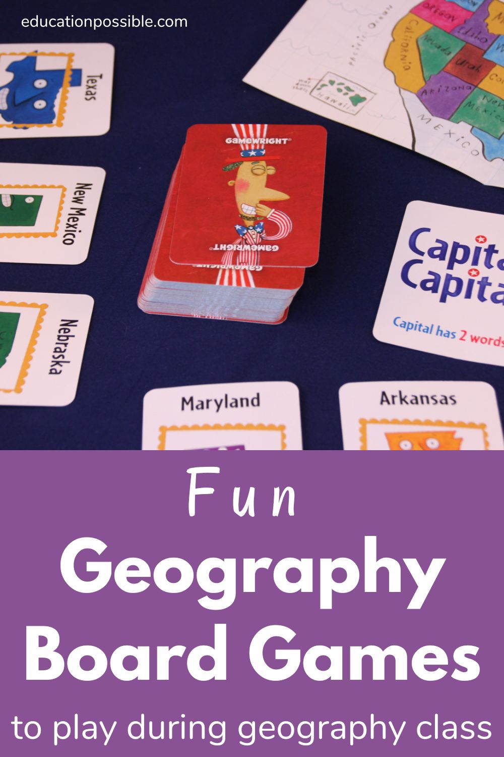 The Scrambled States of America geography game being played. Cards lying on a blue background.
