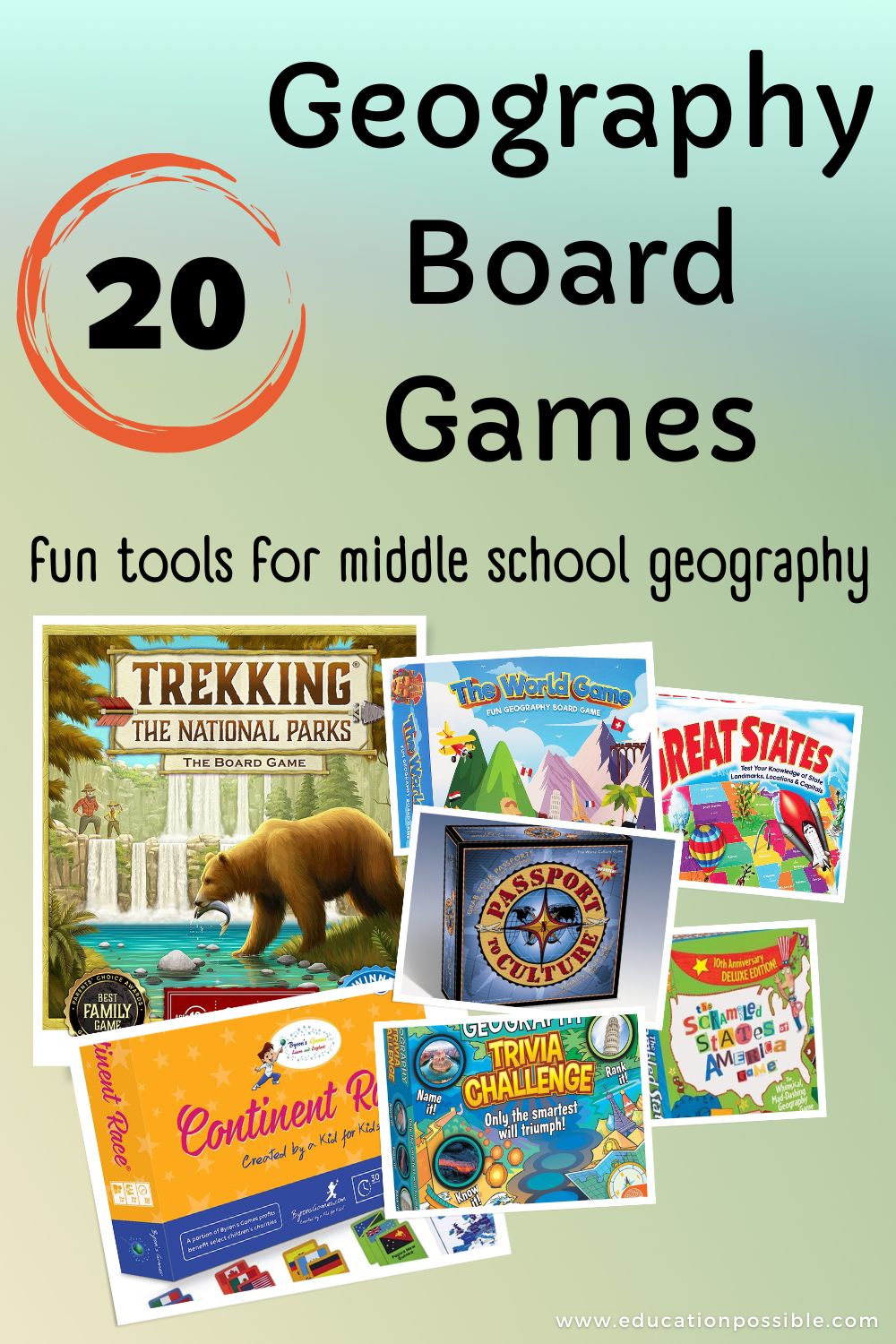 Collage of 7 geography board game box images.