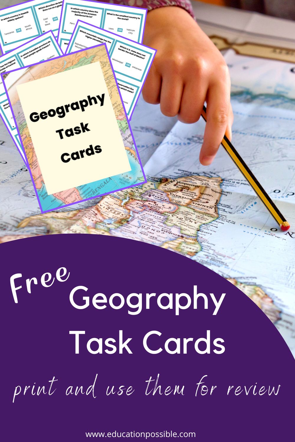 Hand holding a pencil pointing to a location on a world map on the table. Images of printable geography task cards.