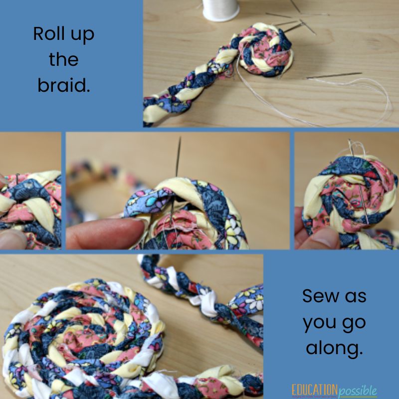 Scrap fabric braided rug craft. 5 image collage showing the steps of rolling up the braid and securing it with hand stitches.