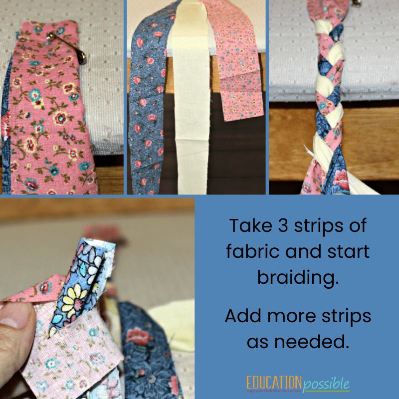 4 image collage showing the steps to using 3 scraps of fabric and braiding them for a braided rug craft. Pink and blue fabric with flowers and yellow fabric strips.