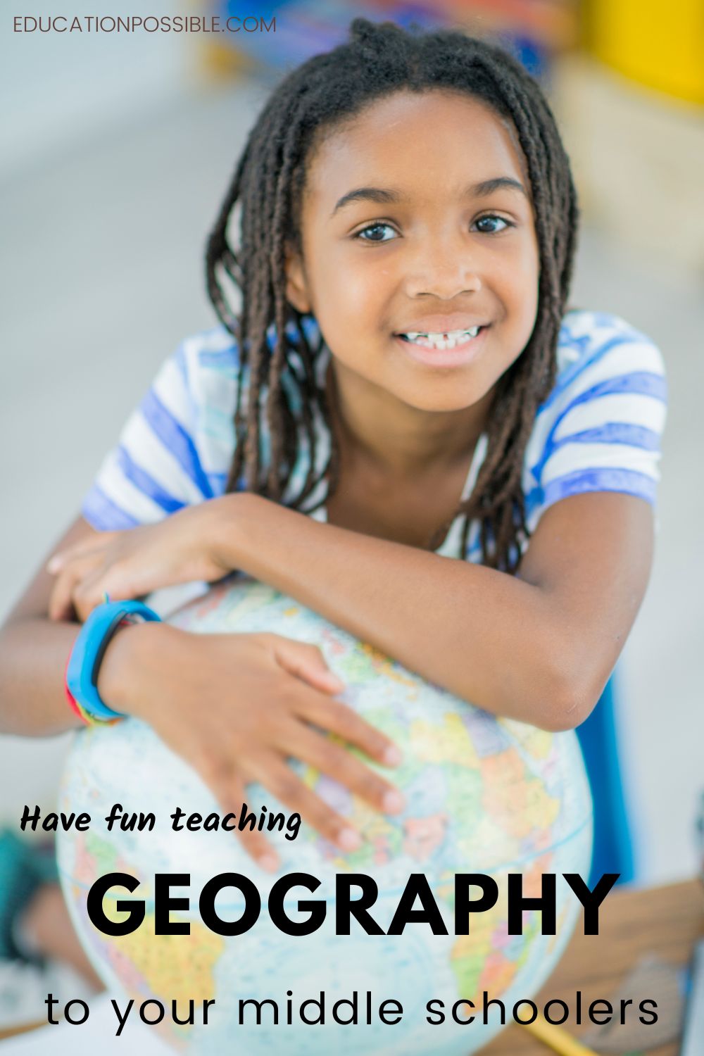 Tween African American girl, smiling, with arms around a globe.