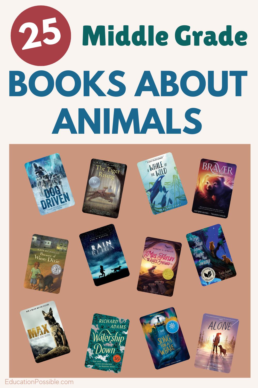 Collage of middle grade animal book covers. Titles for middle schoolers that feature animals.
