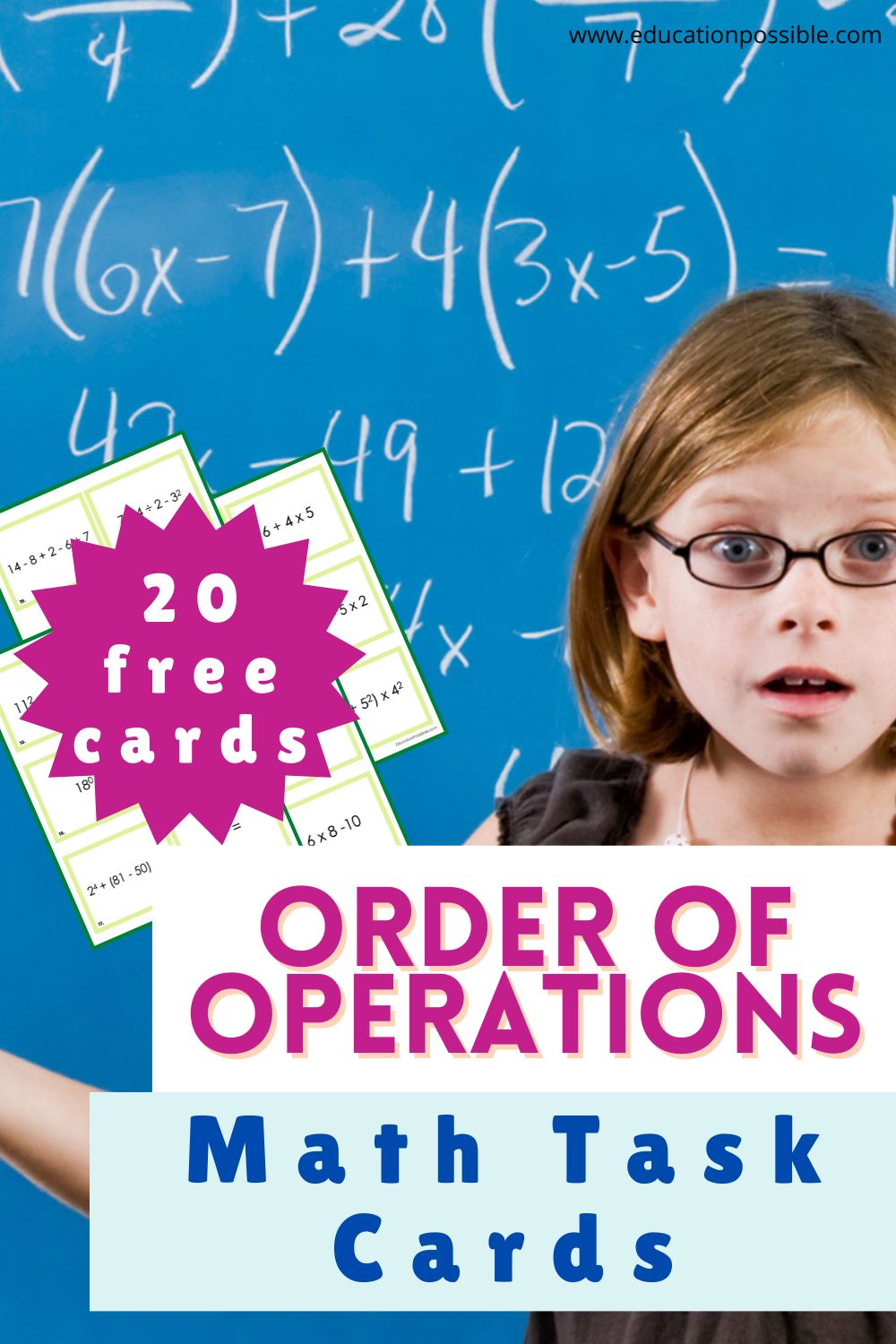 Elementary aged girl with black glasses standing in front of a blue board with math equations written on it. Images of pages of math task cards over the image on the side.