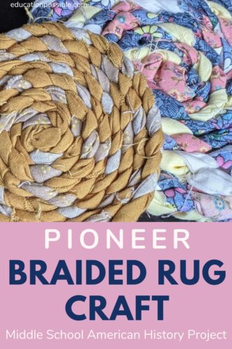 2 mini braided rugs made from scrap fabric. Brown and white and blue with flowers, yellow, and white. Teen craft.